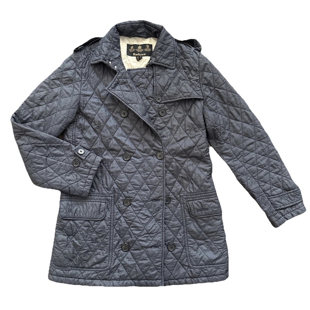 Barbour Philippa Double Breasted Quilted Jacket Women 8 Gray Tartan Stand Collar